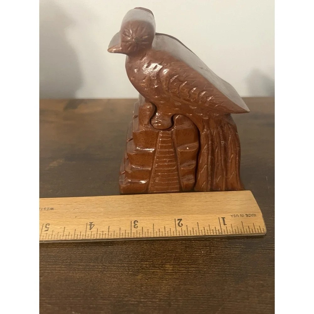 Hand Carved Wooden Puzzle Box Quetzal Bird on Pyramid | Secret Stash Trinket Box